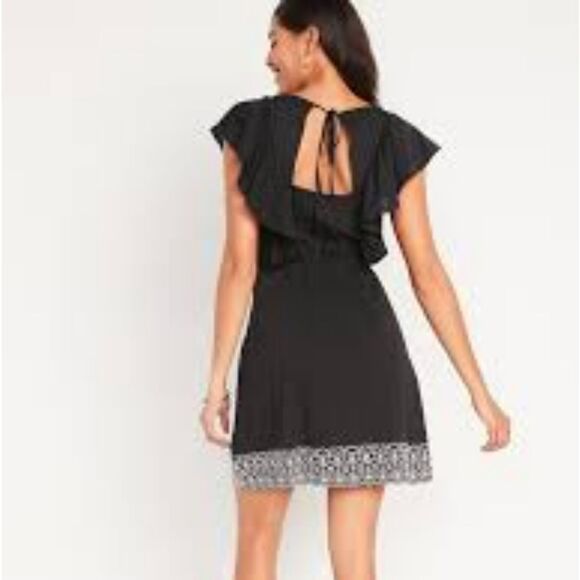 Old Navy -716‎ NWT Black Waist-Defined Flutter-Sleeve Tie-Back Mini Dress Small - Picture 3 of 12